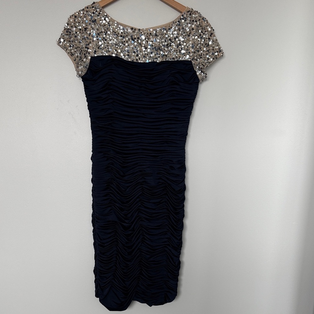 JS Boutique Navy Ruched and Silver Sequin Mini Dress Size 2